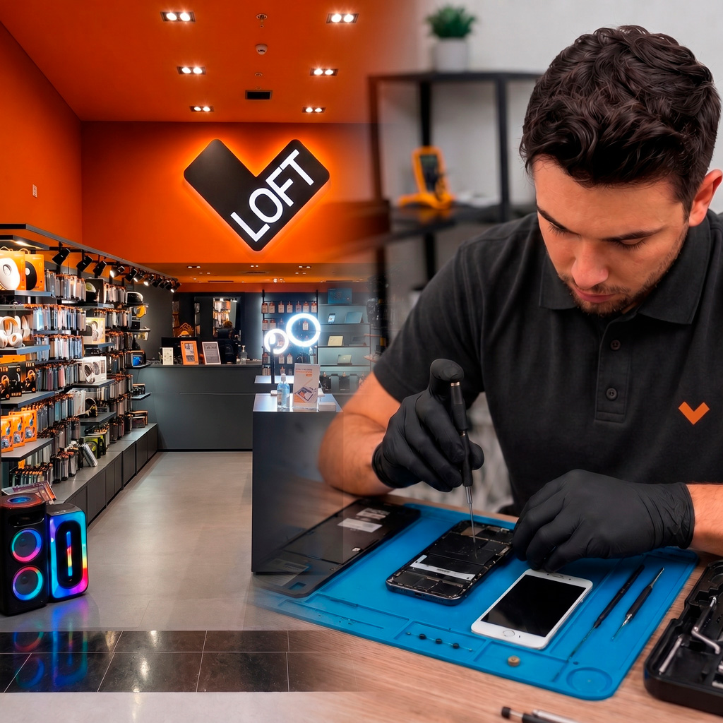 Técnico reparando celular na LOFT Mueller